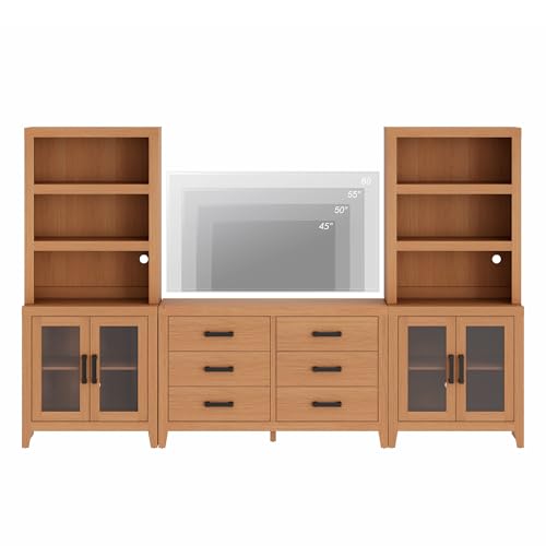 WAMPAT Entertainment Center with Bookshelves, Farmhouse TV Stand, Wood Media Console with Glass Doors and 6 Storage Drawers for Living Room, Bedroom, Mocha - color: Mocha