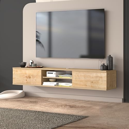Oak Floating TV Stand Under TV Shelf, Wall Mounted Shelf, Modern Floating Entertainment Center, 71" Large Storage Media Console Wall Unit for Living Room,Bedroom (Oak) - color: Oak