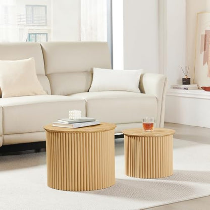 Fluted Round Nesting Coffee Table Set of 2, Small Coffee Table Circle Side Table, Boho Modern Wood Nesting Table Farmhouse End Tables Set for Living Room, Bedroom, Small Spaces(Natural) - color: Wood, size: Small