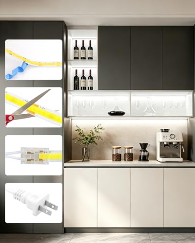 COB LED Shelf Lighting Cold White 12V Cabinet Light Plug in 16.4FT | 60W 7-in-1 Under Cabinet Lights，Touch Switch Dimmable，Flexible DIY Cuttable, 320LED/M LED Tape Light,for bookshelves pantry - color: Cold White, size: 5M