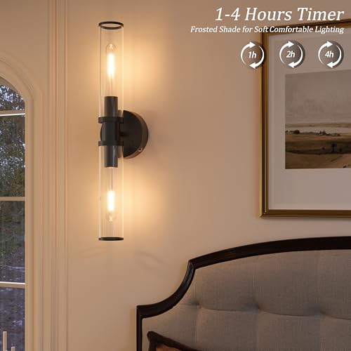 Rayogale Black Wireless Battery Operated Wall Sconces with Remote Control | Glass Rechargeable Wall Lights Set of 2 with Timer Function Dimmable for Living Room Bedroom Emergency 3000K, 20.5 Inch - color: Black(Clear Tubular Lampshade)