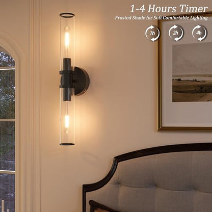 Rayogale Black Wireless Battery Operated Wall Sconces with Remote Control | Glass Rechargeable Wall Lights Set of 2 with Timer Function Dimmable for Living Room Bedroom Emergency 3000K, 20.5 Inch - color: Black(Clear Tubular Lampshade)