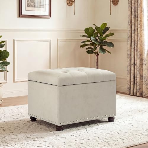 24" Ottoman with Storage,Fabric Tufted Storage Ottoman with Legs | Rectangle Upholstered Ottoman Bench Foot Stool for Living Room Bedroom Entryway,Nailhead Trim,400 lbs Capacity, Beige - color: Beige