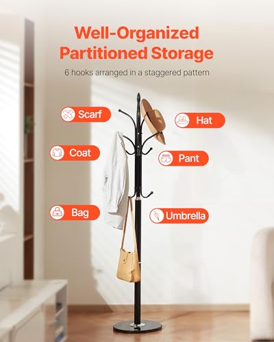 VEVOR Coat Rack Freestanding, Coats Tree Stand with Stable Marble Base & 6 Hooks, Free Standing Hall Coat Rack for Entryway, Bedroom, Office, Living Room, Modern Clothes Hanger for Coats, Hats, Bags - style: Hook