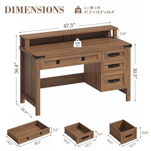 47" Farmhouse Computer Desk with 4 Drawers for Home Office, Bedroom | Executive Desk with Power Outlets, Home Office Desk with Monitor Stand & Drawers, Small Desk Writing Study Table, Brown - color: Brown