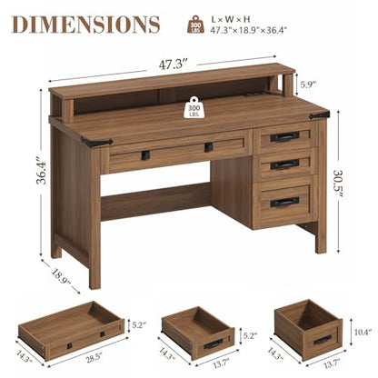 47" Farmhouse Computer Desk with 4 Drawers for Home Office, Bedroom | Executive Desk with Power Outlets, Home Office Desk with Monitor Stand & Drawers, Small Desk Writing Study Table, Brown - color: Brown