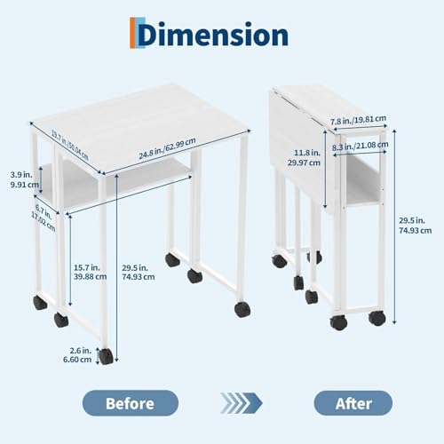 Folding Desk Small Rolling Desk with Storage Shelf,24.8 Inch Foldable Computer Table with Wheels,Portable Office Desk for Small Space Sofa Table,Easy to Fold,Writing Work Office Computer Desk,White - color: 24.8" White