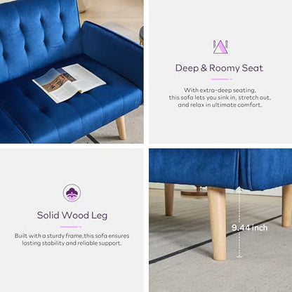 65'' Convertible Futon Sofa Bed with USB, Small Couch for Living Room | Sleeper Sofa and Loveseat, Adjustable Folding Couch with Tufted Design and 2 USB Ports, Bedroom Apartment Office, Blue - color: Blue