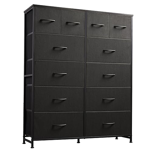 WLIVE 12 Drawer Tall Black Fabric Dresser Bedroom Storage Chest | Black tall 12-drawer fabric dresser with wood top, modern storage tower for bedroom home office closet living room - color: Charcoal Black