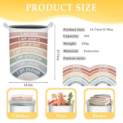 Boho Rainbow Laundry Basket, Positive Affirmations Inspirational Waterproof Collapsible Laundry Hamper Dirty Clothes Storage Toy Bin Organizer for Kids Room College Dorm Bedroom Bathroom