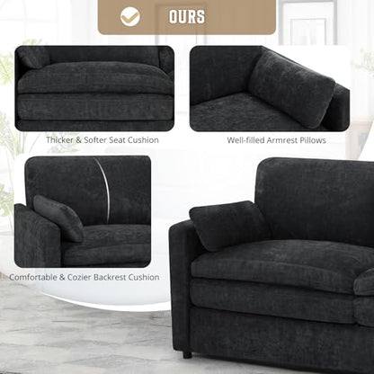89" Chenille Soft Sofa w/Well-Filled Backrests, Black | Modern Couch w/Plump Pillows, 3 Seater Upholstered Couch w/Thick & Comfy Cushions for Living Room, Bedroom - color: Black, size: Sofa