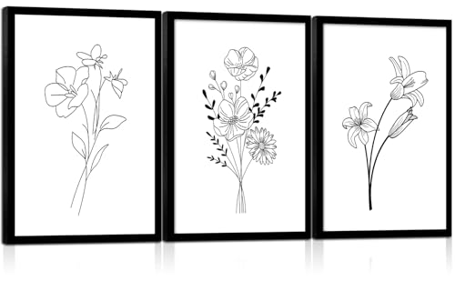 Framed canvas black and white floral wall art three-piece set, decorative painting, simple plant poster, line drawing, flower print, painting decoration suitable for living room and bedroom, 12x16 inches. - color: 3-row flowers, size: 12x16in