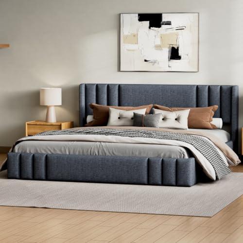 VilroCaz Queen Size Linen Upholstered Platform Bed Frame with Thick Fabric Headboard, No Box Spring Needed (Gray-6.17, Queen) - color: Gray-6.17, size: Queen