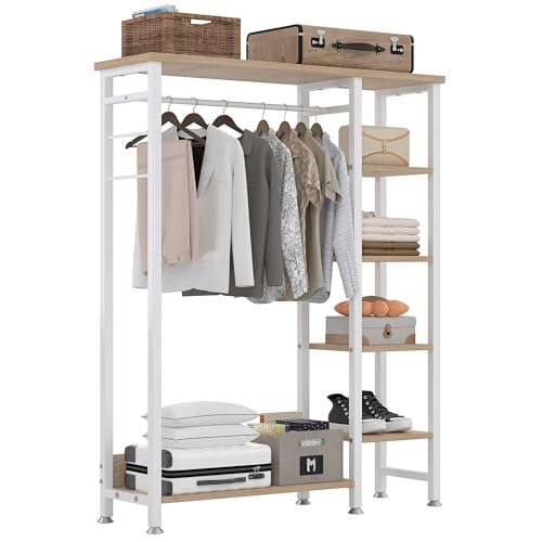 VECELO Open Garment Clothing Rack, Free-Standing Heavy Duty Storage Closet with 5 Shelves and Hanging Rod for Small Spaces, Max Load 350LBS, White Oak - color: White Oak