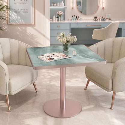 31.5'' Tulip Table, Square Dining Table with Glossy Sintered Stone Tabletop | Rose Gold Aluminum Alloy Edge & Pedestal, Small Bistro Table for Dining Room/Café/Small Spaces/Restaurant (Aqua Jade) - color: Aqua Jade (Rose Gold), size: Square