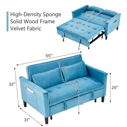 3 in 1 Convertible Sleeper Sofa Bed, Velvet Loveseat Futon Pull-Out Couch with Adjustable Reclining Backrest, Side Pockets and Pillows for Living Room,Bedroom Apartment Small Spaces (Sky Blue-Velvet) - color: Sky Blue-velvet