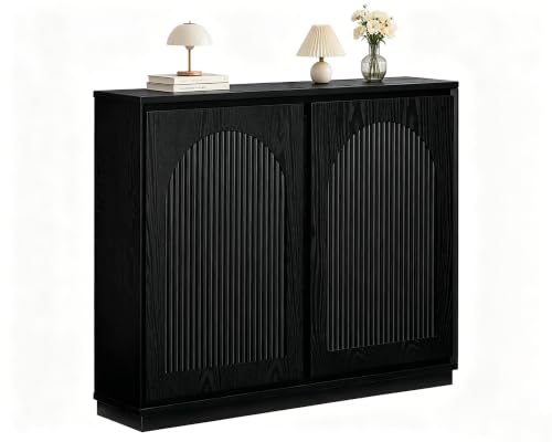 39 inch Narrow Buffet Cabinet Sideboard with Storage,Black | Thin Cabinet for Narrow Spaces;Mid Century Modern Credenza with Arch Doors;Wood Media Console Table for Living Room;Entryway - color: A- Black, size: 1 Piece