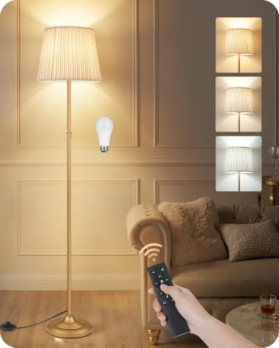Dimmable Floor Lamp for Living Room, 68" Tall Standing Lamp, Reading Light with Remote & Foot Pedal, 10W LED Bulb (3000K-6500K) Included, FCC Listed, Reinforced Base, Gold and White DW12LD05 - color: Gold + White