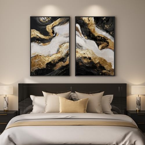 Framed Gold Abstract Wall Art Set of 2 for Living Room, Large Black White Modern Luxury Canvas Artwork for Walls, Contemporary Flow Marble Motifs Painting Print Wall Decor for Bedroom Office, 24x36 In - color: Black Gold White, size: 24" W x 36" H x 2Pcs