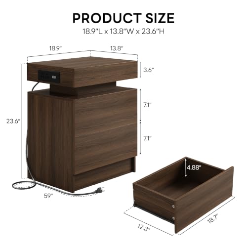 LIKIMIO Nightstand with Charging Station LED Light and 2 Drawers,Walnut | charging station; LED light; 2 smooth glide drawers; Walnut wood grain - color: Walnut