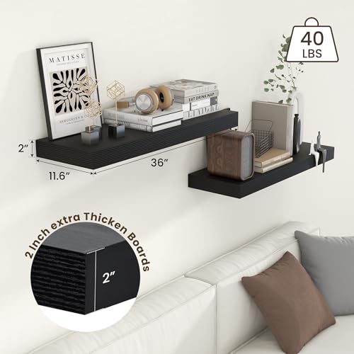 Deep Floating Shelves, 36'' x 12'' Black Shelves for Wall Set of 2 | Invisible Brackets, Engineered Wood, Mounting Hardware Included, 55LBS, Bathroom, Laundry Room, Kitchen, Living Room - color: Black, size: 35.6W x 11.6D x 2H, 2 Pack