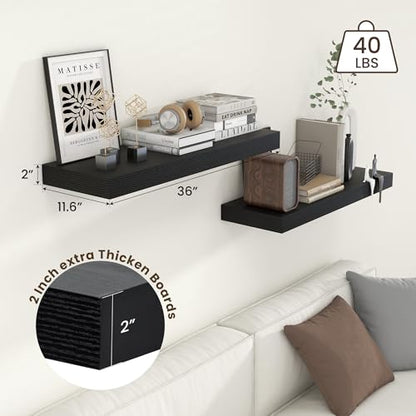 Deep Floating Shelves, 36'' x 12'' Black Shelves for Wall Set of 2 | Invisible Brackets, Engineered Wood, Mounting Hardware Included, 55LBS, Bathroom, Laundry Room, Kitchen, Living Room - color: Black, size: 35.6W x 11.6D x 2H, 2 Pack