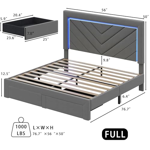 Full Size Bed Frame with Adjustable Headboard and Storage Drawer, Upholstered Bed Frame Full with RGB LED Lights and Charging Station, Easy Assembly, No Box Spring Needed, Grey - color: Grey, size: Full