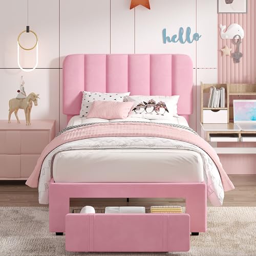 VECELO Twin Size Upholstered Bed Frame with Drawer and Headboard, Velvet Platform Storage Bedframe, Wooden Slats Support, No Box Spring Needed,Pink - color: Pink, size: Twin, style: Bed Frame with Drawer