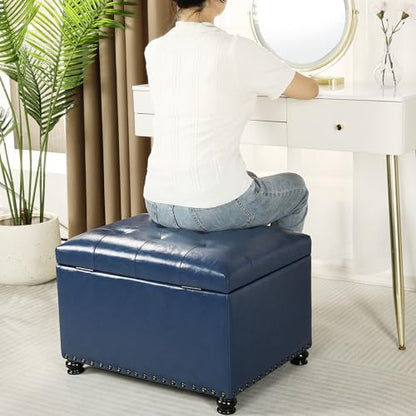 Faux Leather Storage Ottoman Bench Rectangle 24 Inch Foot Rest Ottomans - color: Blue Faux Leather