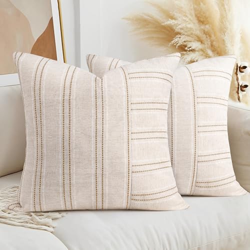 26x26 Decorative Farmhouse Linen Throw Pillow Covers, Boho Textured Pillow Case, Set of 2, Beige with White & Brown Stripe Patchwork Cushion Cover for Sofa Couch Living Room (Cover ONLY)