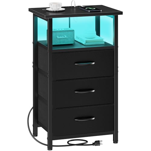 Night Stand with Charging Station, LED Nightstand for Bedroom, Bedside Table with 3 Fabric Drawers, End Table Side Table with USB Ports and Outlets, Bed Side Table for Bedroom, Black - color: Black, size: 1 Piece, style: With LEDs