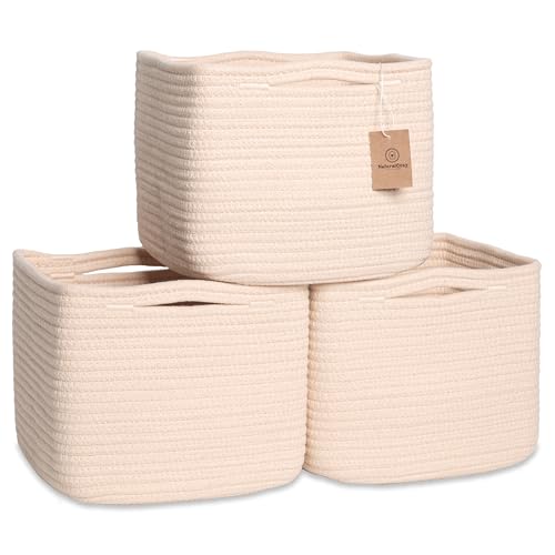 NaturalCozy Storage Cubes 9”x9”x7”Cotton Rope Woven Baskets for Organizing 3-Pack | 9 Inch Cube Storage Bin | Small Basket for Shelf Nursery, Pantry, Decorative Plant, Bathroom Closet, Toy Gift - color: Beige
