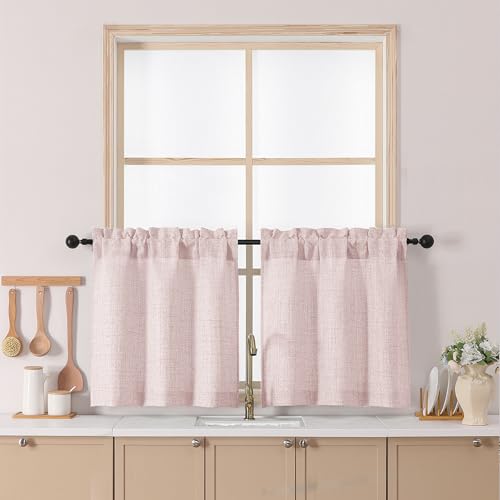 Chyhomenyc Blush Pink Kitchen Curtains 24 Inch Length, Light Filtering Textured Small Half Window Cafe Curtain, Short Curtains for Cabinet Bathroom Basement RV Camper, 30Wx24L, 2PCS - color: Blush Pink, size: 30"W x 24"L (Pack of 2)