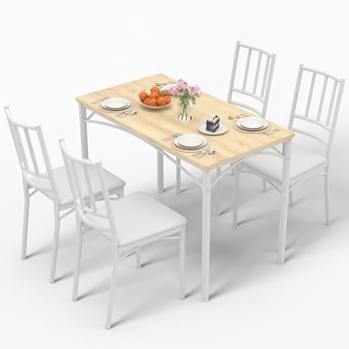 5-Piece Dining Table Set with 4 Chairs & Adjustable Feet, Upholstered Seats Kitchen Table and Chairs Set of 4, Space-Saving Design for Small Apartments and Dining Rooms, White - color: White, size: 5-piece