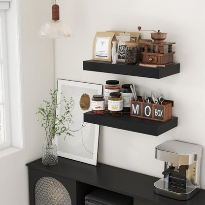 Deep Floating Shelves, 24'' x 12'' Black Shelves for Wall Set of 2 | Invisible Brackets, Engineered Wood, Mounting Hardware Included, 40LBS, Bathroom, Laundry Room, Kitchen, Living Room - color: Black, size: 24W x 11.6D x 2H, 2 Pack