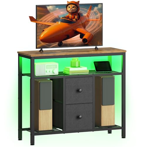 TV Stand with LED Lights, Dresser TV Stand, Tall Entertainment Center with 2 Fabric Drawers, TV Media Console Table, for Living Room, Bedroom, Black and Rustic Brown DS10DBR