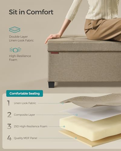 SONGMICS Storage Ottoman Bench, Foldable Foot Rest with Legs | End of Bed Bench, Storage Chest, 43.3 x 15 x 15.8 Inches, Load up to 661.4 lb, Tan, MELISA Collection ULSF018K01 - color: Camel Brown, style: without Flipping Lid