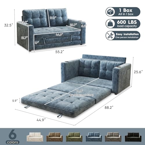 55" Convertible Folding Sofa Bed, Pull Out Couch Love Seat Sleeper Bed, Small Fold Out Loveseat sleeper with Cup Holder and Pillow for Small Space, Bedroom Lounge, Dorm, Living Room(Blue Chenille) - color: Blue