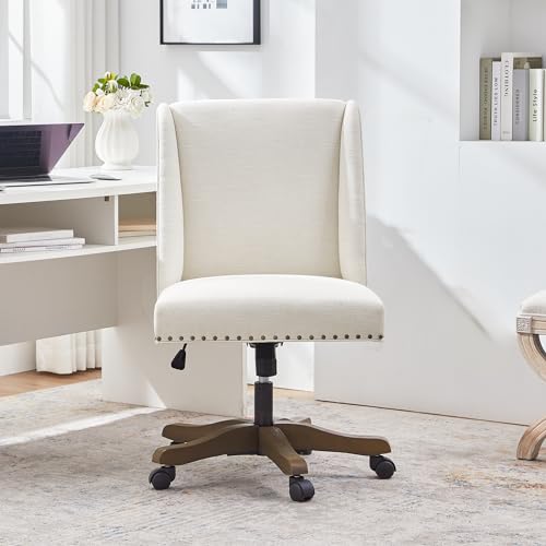 Upholstered Armless Office Chair Fabric Swivel Home Desk Chair with Wheels | Modern Comfy Boho Office Chair with Wooden Legs Adjustable Desk Chair no Arms for Sewing Women Farmhouse Study Studio Beige - color: Beige