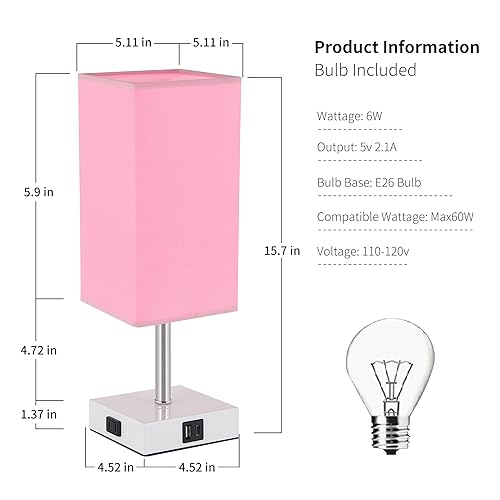 Touch Control Bedside Lamp - 3-Way Dimmable Table Lamps with USB C+A Port and Outlet, Nightstand Lamp for Bedroom Decor and Living Room,Pink