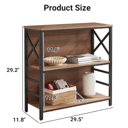 MNEETRUNG Small Bookshelf,3 Tier Industrial Bookcase with Metal Frame and Backboard,Low Rustic Brown Book Shelf,Book case for Small Spaces,Living Room,Bedroom and Home Office - color: Brown, size: 3-Tier (29.5"W x 11.8"D x 29.2"H)