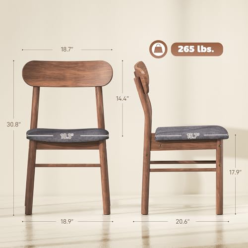 HOMCOM Dining Chairs Set of 2 Upholstered Solid Wood Kitchen Chairs Gray | Mid-Century Modern Dining Room Chairs, Ergonomic Curved Backrest
