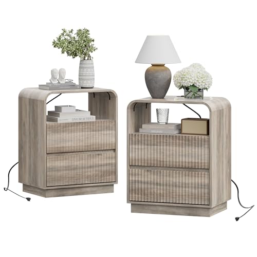 Grey Nightstands Set of 2 with Charging Station, Mid Century Modern End Tables & Bedside Tables, Fluted Wood Small Night Stands with 2 Hidden Drawers and Storage Shelf for Bedroom, Gray - color: Grey, style: 2 Drawers-2 PCS
