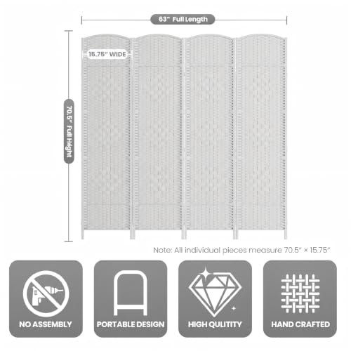 4 Panel Folding Room Divider,Woven Privacy Screen,White | Solid wood frame, handcrafted diamond pattern, 6FT tall, extends to 63 inches wide, no assembly required - color: White, size: 4-Panel