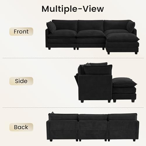 ROWHY Oversized Modular Sectional Couch with Movable Ottoman, 112" Modern Convertible L Shaped Sofa Set, 4 Seat Comfy Cloud Couch with 2 Throw Pillows, for Living Room and Office, Chenille, Black - color: Chenille Black, size: 4 Seats L-Shaped