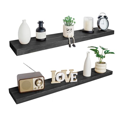 BGMG Wood Floating Shelves 48 Inch, Set of 2, Wide Rustic Wooden Wall Shelves for Bathroom Living Room Bedroom Kitchen Farmhouse - 48x 6.7 x1.25 Inch - Black - color: Black, size: 48 inch
