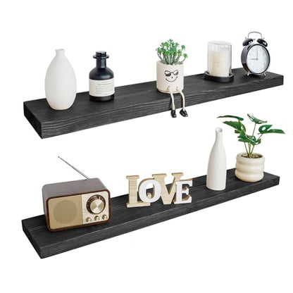 BGMG Wood Floating Shelves 48 Inch, Set of 2, Wide Rustic Wooden Wall Shelves for Bathroom Living Room Bedroom Kitchen Farmhouse - 48x 6.7 x1.25 Inch - Black - color: Black, size: 48 inch