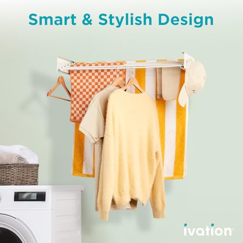 Ivation Retractable Wall Mounted Clothes Drying Rack, 32" Foldable Laundry Drying Rack for Clothing | Collapsible Space-Saving Design & 5 Rods | Easy Installation with Hardware & Wall Template (White) - size: 32 Inch