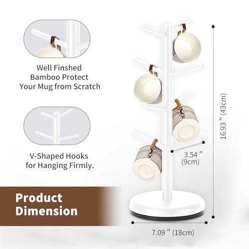 BAMBANG Mug Holder, 360° Rotating Mug Tree Holds 8 Coffee Cups, Space Saving Mug Stand with Stable Base for Kitchen Coffee Bar - color: White