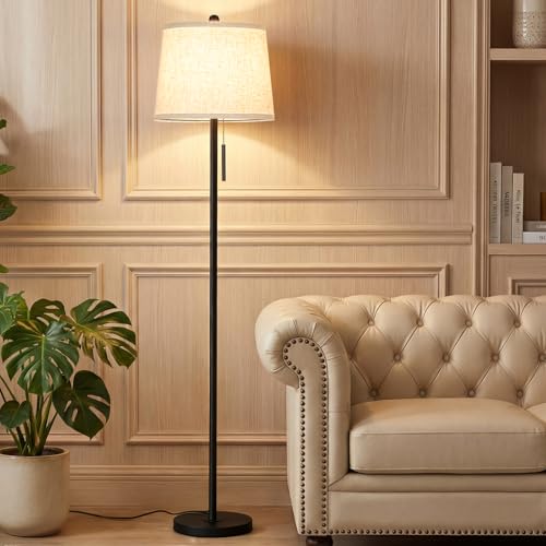 JUNNAI 【Upgraded】 Modern Black Floor Lamp 63in Standing Lamp for Living Room Bedroom Office 3 Way Brightness Dimmable Tall Pole Light with Beige Linen Shade Metal Shade 8W 3000K LED Bulb Included - color: Black